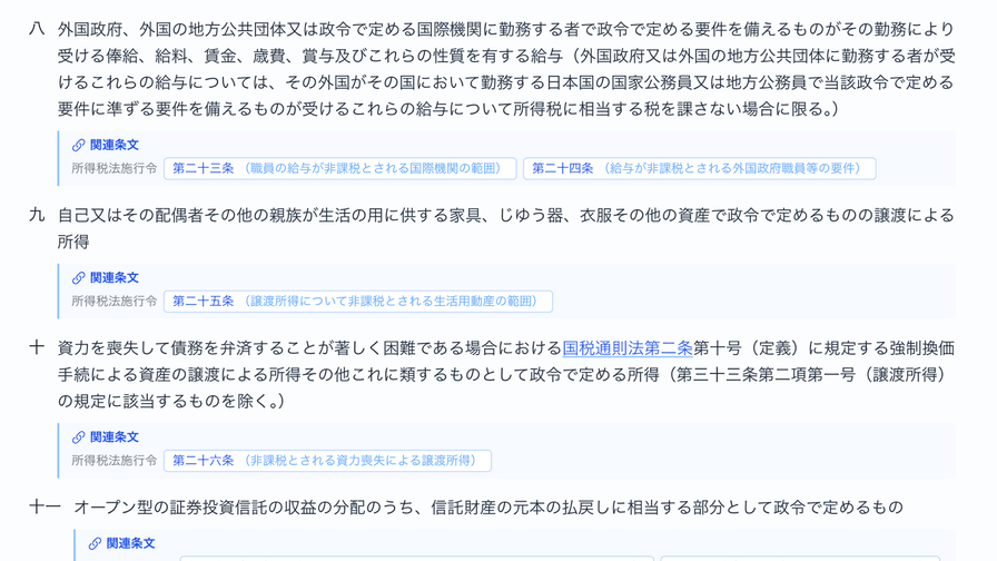所得税法の各号の直後に「関連条文」として所得税法施行令の条文がタグで並んでいる画面